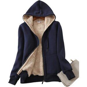 Women's Dark Blue Casual Full Zip Sherpa Lined Hoodie Sweatshirt Jacket Coat